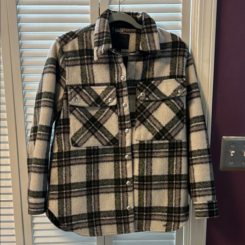 Blank NYC Cream, Olive & Black Plaid Shacket